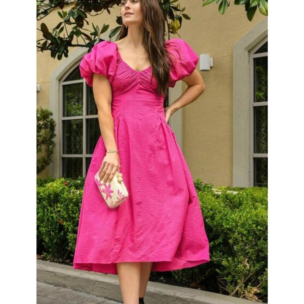 Frame Denim 100% Cotton Magenta Pink Puff Sleeve Dress Coquette Valentine's XXS